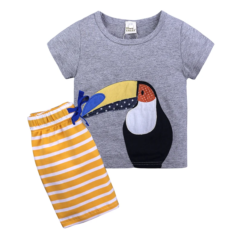 

Boys clothing summer 2pcs animal embroider t-shirt Stripe shorts boys boutique clothing, As picture