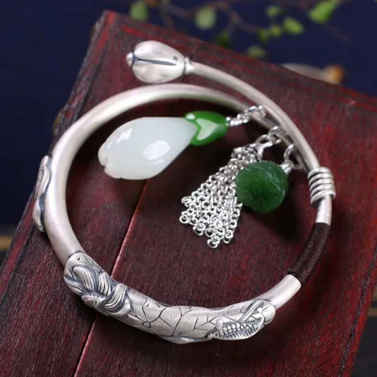 

natural stone bracelet 999 sterling fine silver natural hetian jade Yulan Magnolia bangle for women custom bracelet for man