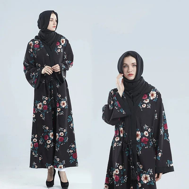 
2018 Wholesale black elengent new floral printed muslim dress umbrella abaya with belt for women manufacturer 