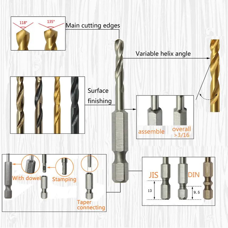 6mm Din338 Hss Fully Ground Hex Shank Bright Coating Stubby Twist Drill