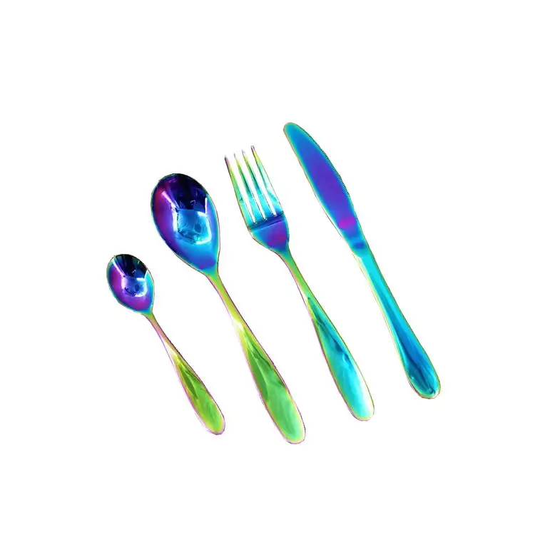 

Wholesale PVD rainbow coating restaurant cutlery, black plated flatware 16or 24pcs fork and spoon set, Silver and gold, but can customize