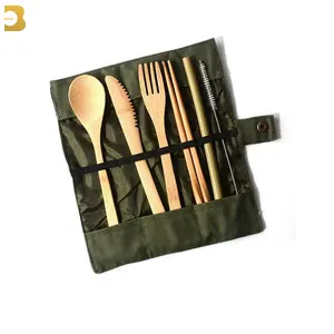 Image of outdoor Camping Flatware Set with Travel Pouch Knife Fork Spoon and Chopsticks Straw reusable portable bamboo cutlery set