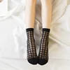New arrival korean style lady silk transparent socks women black square tulle socks