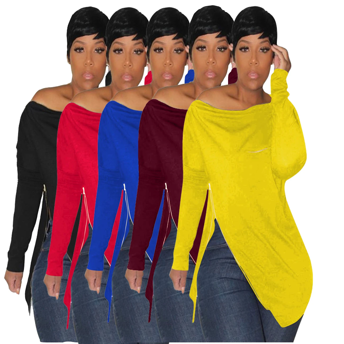

Hot sell women fashion one shoulder zipper top hoodie