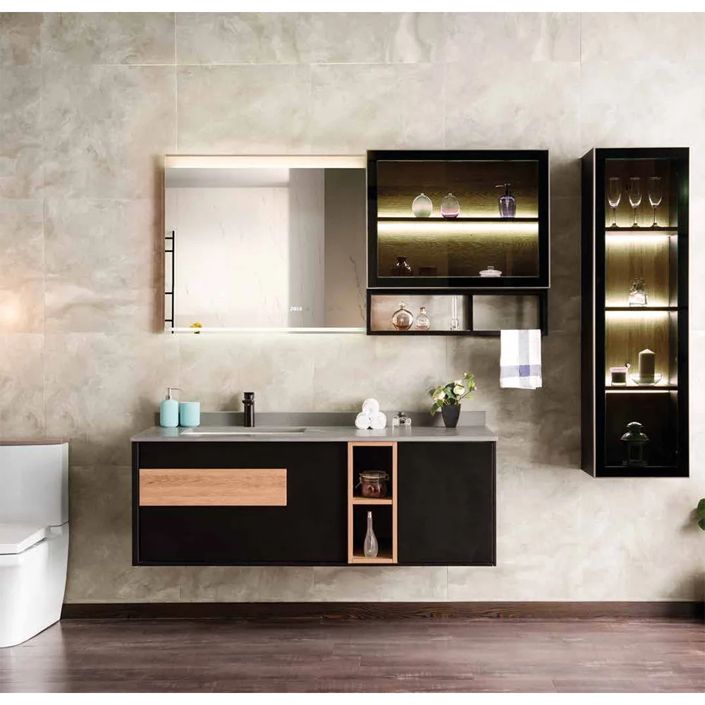 Modern Style Cheap Wall Mount Hung Vanity Mirror Veneer Small Wood Bathroom Vanity Toilet Basin Mirror Cabinet With LED Light