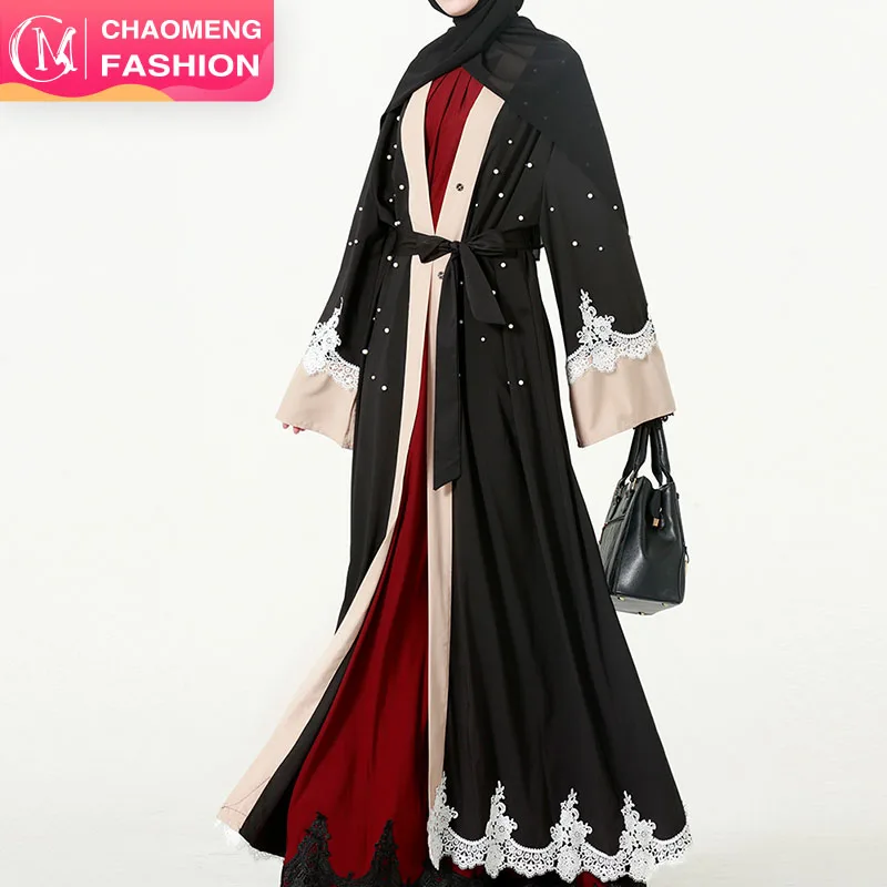

1541# Kimono Pearl Cardigan Collection Lace Open Islam Muslim Clothing Turkey Latest Design Dubai Abaya Fashion, Black/customized