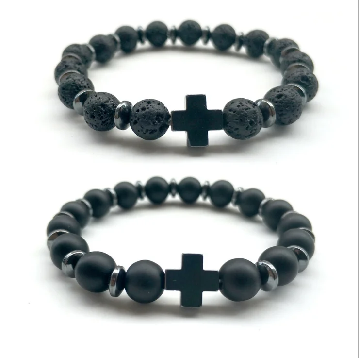 

Cross Charm Men Bracelet Lava Stone 8mm Beads Bracelets & Bangles for women Jewelry, Black