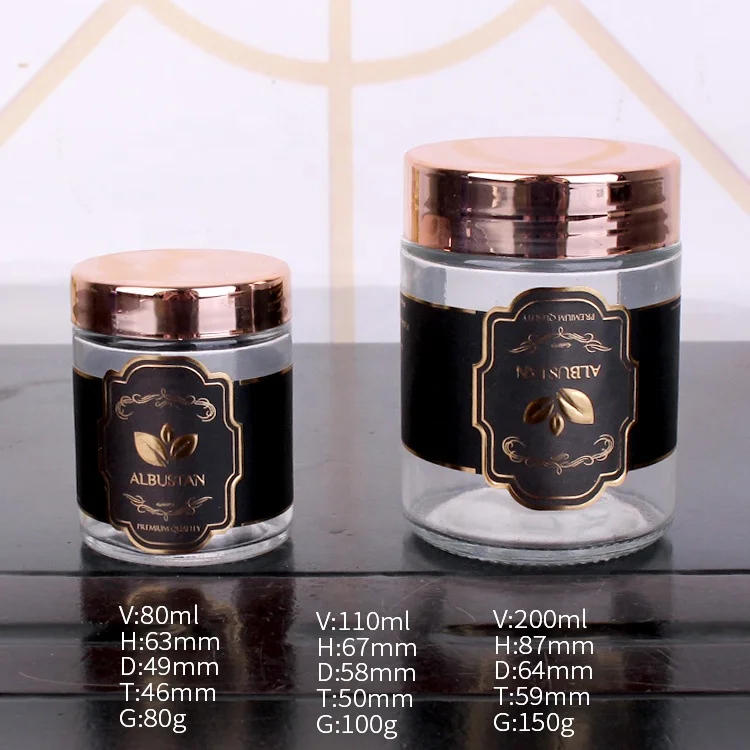 
80ml 110ml 200ml luxury small glass jar rose gold lid for cosmetic,spice,food,honey 