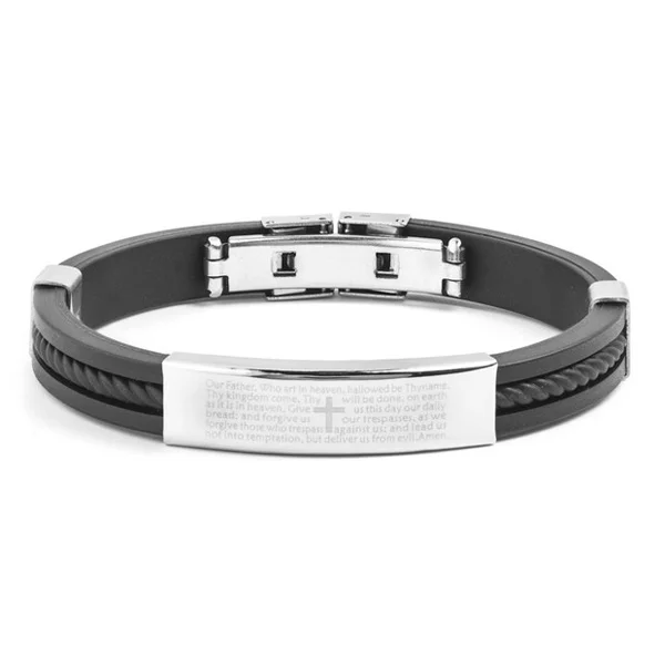 

Men's Stainless Steel and Bible Rubber Lord's Prayer Cross ID Bracelet