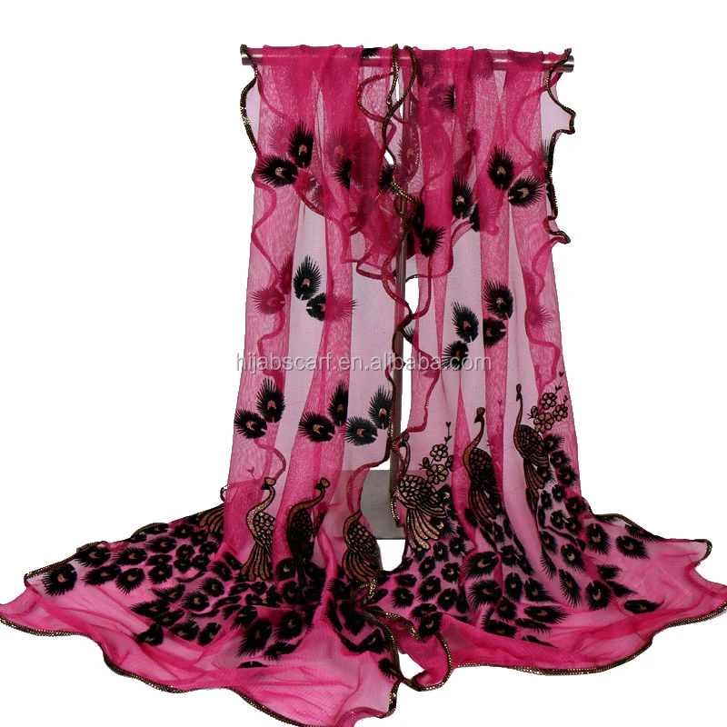 

Girls Long Soft Shawl Fashion Embroidered Lace Peacock Scarves polyester Silk Scarf