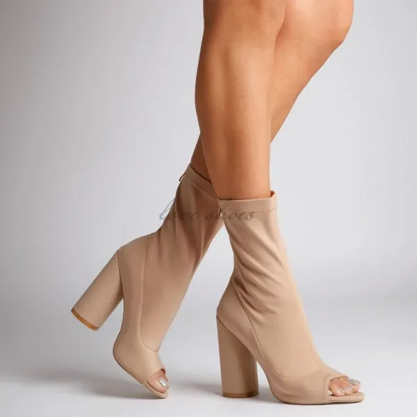 Nude Lycra Peep Toe Ankle Boot Chunky 