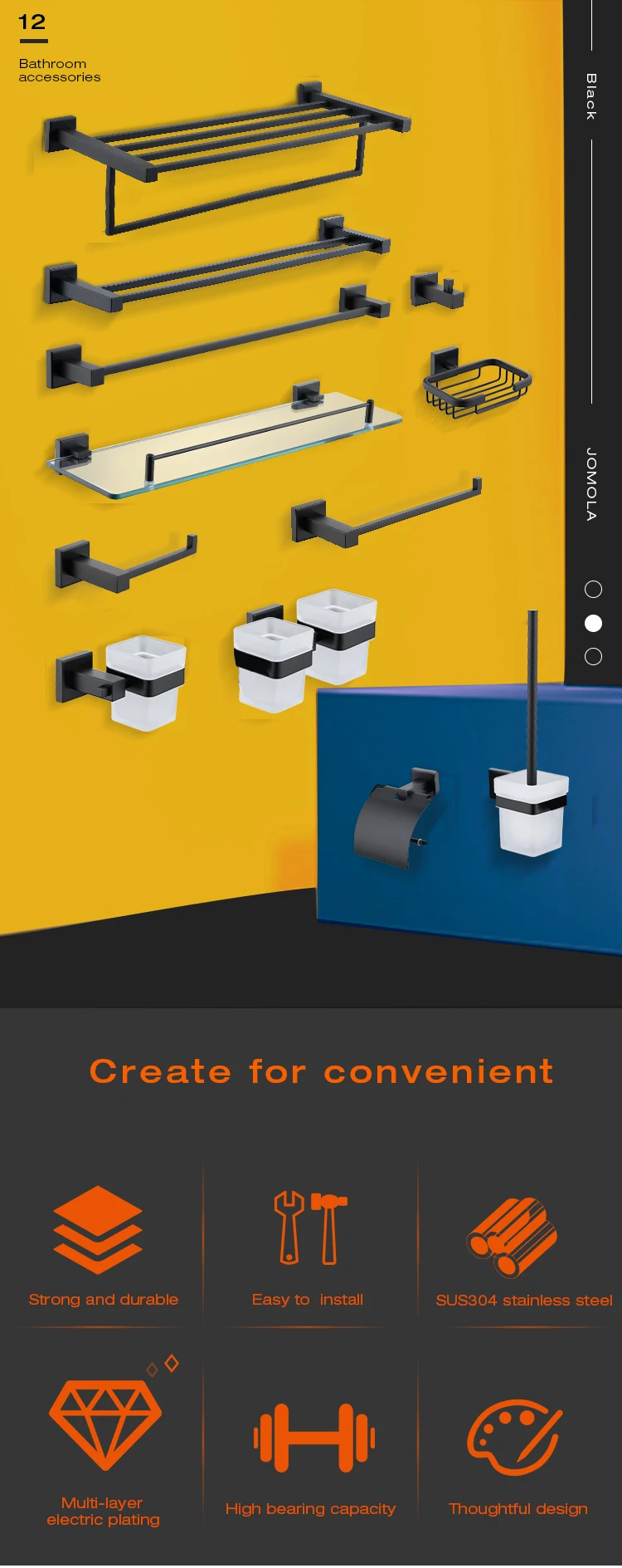 Luxury Wall Mounted Matt Black Bathroom Accessories Set Double Towel