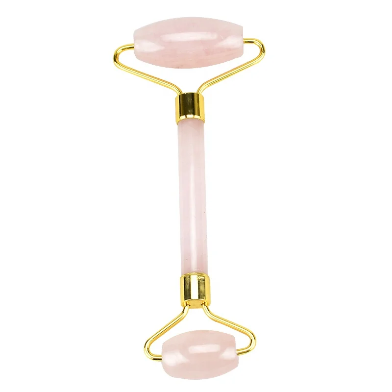 

Luxury Beauty 100% Best Natural Stone Rose Quartz Royal Anti aging Welded Double Facial Massage Jade Roller, Pink