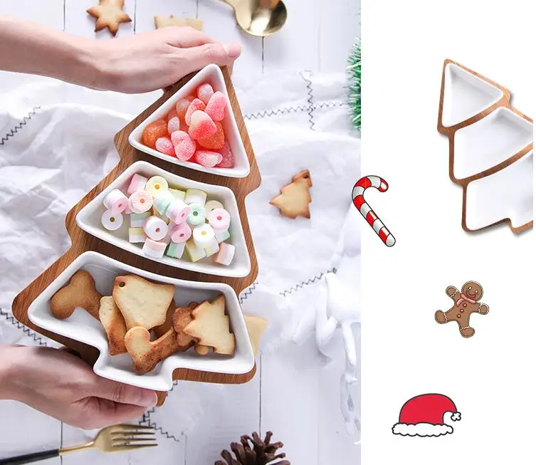 

Christmas Tree Ceramic Dish Dinnerware Salad Cake Fruit Dessert Candy Dishes Porcelain PlatesRestaurant Tray Tableware set, White+bamboo