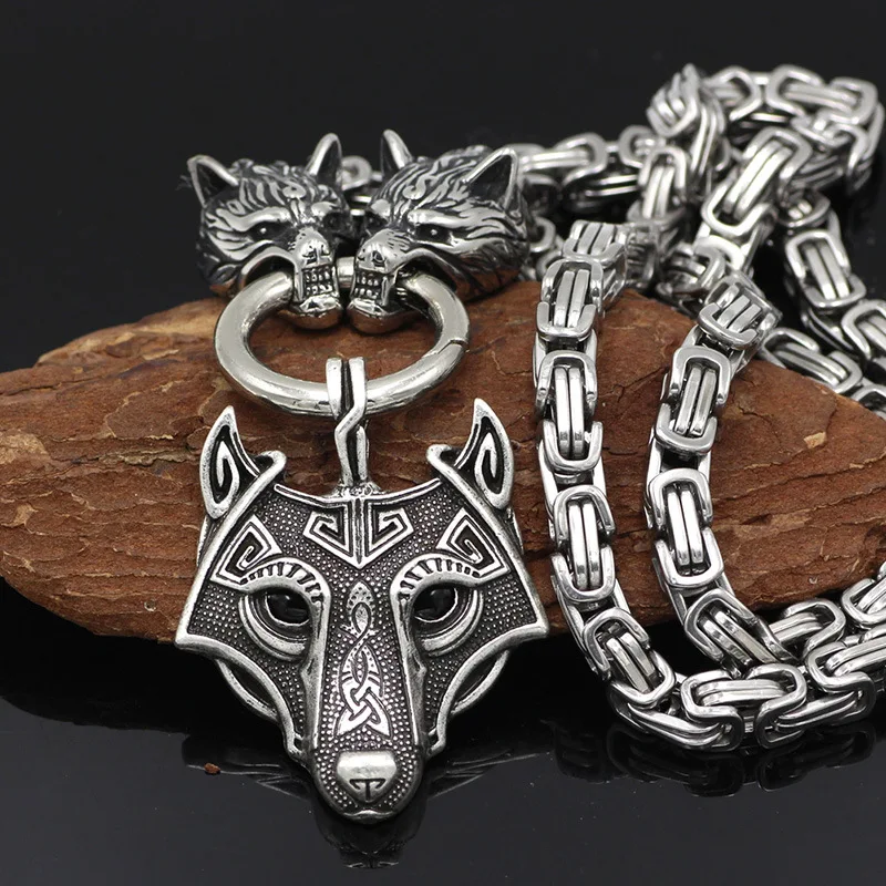 

JY004 Fashion Nordic Viking Stainless Steel Square Emperor Necklace Jewelry Men Wholesale with Odin Wolf Pendant, Silver