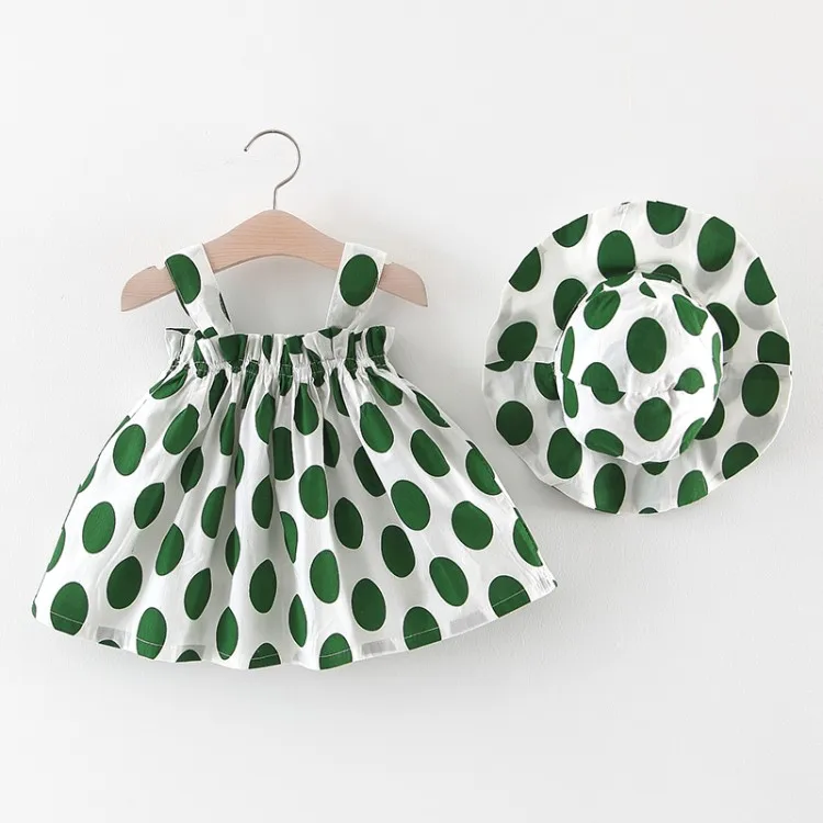 

Fashion dot print dress and hat two piece set for baby girls kids clothes, Green,yellow,red,orange