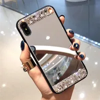 

Luxury Tempered Glass Back Mirror Phone Case For iPhone 11 Pro Max 6 7 8 XR For iPhone Xs MAX Makeup Mirror Cover With Diamond