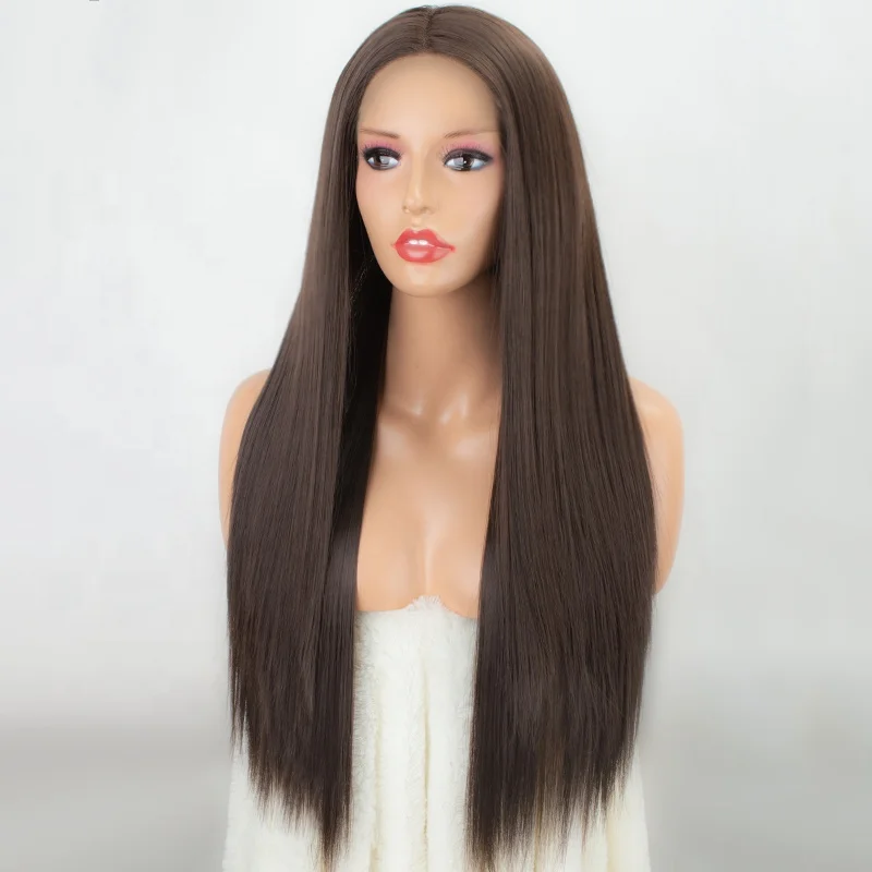 

22" Heat Resistant Fiber Long Straight Middle Part Dark Roots Two Tone Brown Ombre Synthetic Lace Front Wig