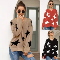 

Christmas Star Print Sweater Designs For Women Loose Knit V-Neck Pullover Women Sweater Long Sleeve