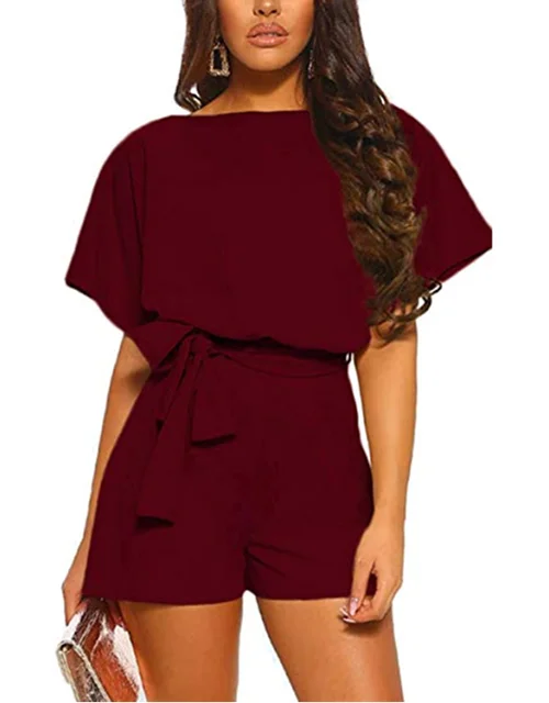 

Ladies One Piece Rompers Women Short Pants Short sleeve Solid color Elegant Sexy jumpsuits Women 2019, Black;blue;khaki. pink;wine red