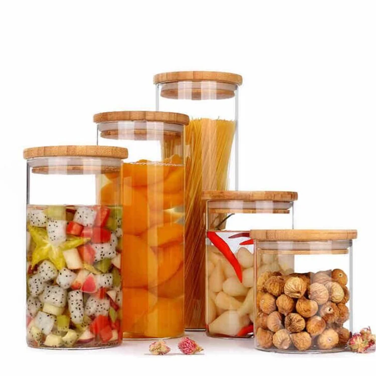 

2021v borosilicate honey candy cookie food storage glass jar with airtight bamboo lid, Transparent