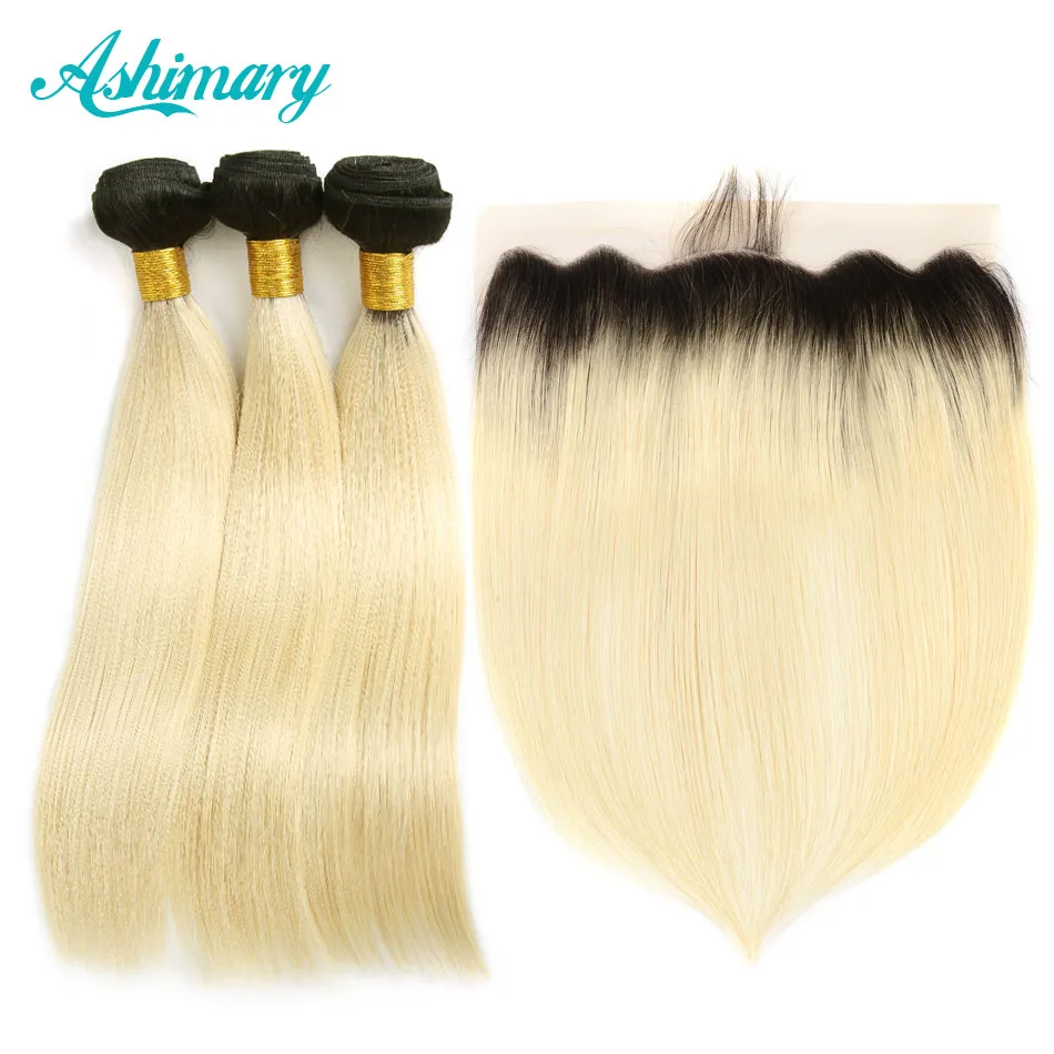 

two color 9A grade silky straight human hair T1B/613 and hair frontal 13*4 blonde lace frontal with human hair weave bundles