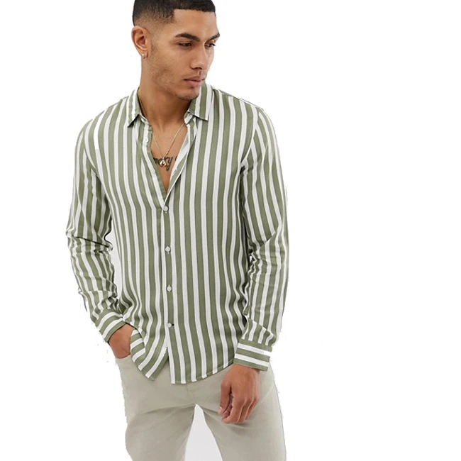 

100% Cotton printing Casual Mens Fashion Green White Striped Dress Shirt, Custom color