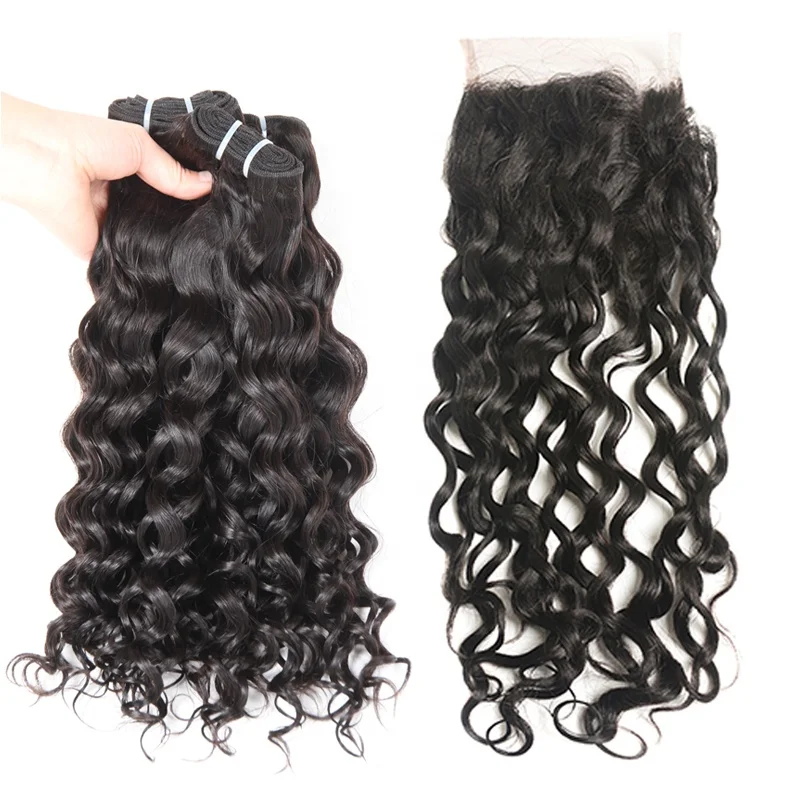 

10A Peruvian Virgin Human Hair Bundles With Closure Water Wave Remy Human Hair Weave With Lace Closure, Natural color #1b
