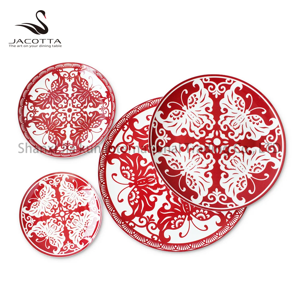 

Fine Bone China Dinner Plates Set, Ceramic Paper Cut Design Plates, Red