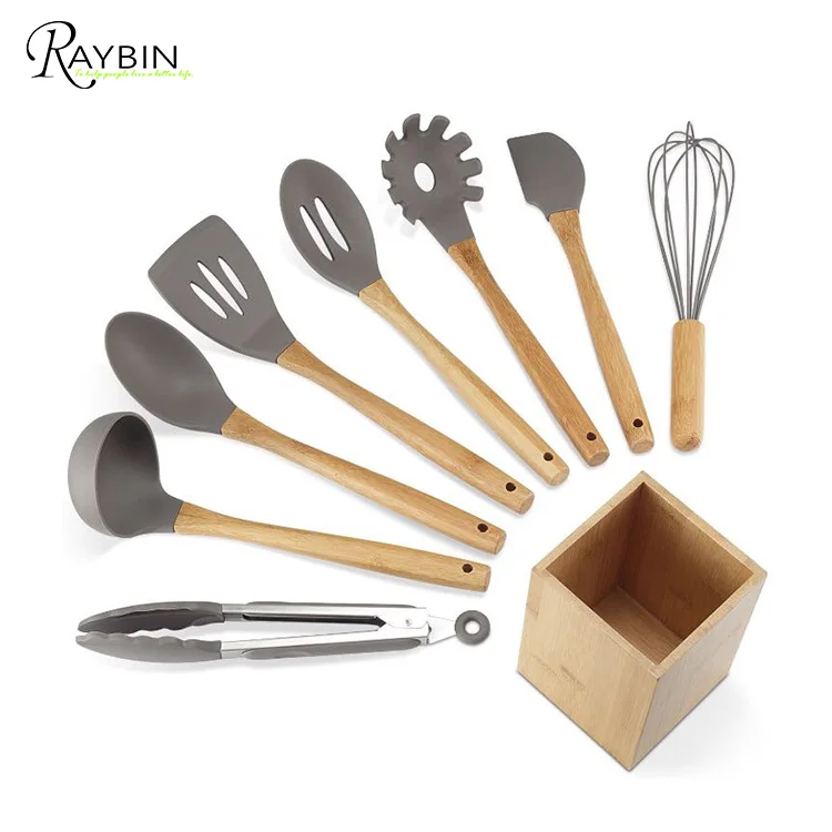 

9-Piece Bamboo Wood Handle Kitchen Cookware Silicone Cooking Utensil Set, Cold