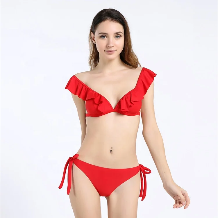 

Customize high quality nylon and spandex solid color Women Two Piece Swimsuit Frill Bikini, Red,pink