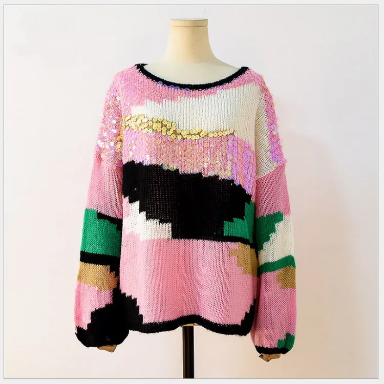 2020 手工缝制亮片贴花秋冬马海毛套衫毛衣