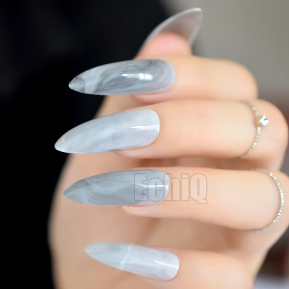 

Gray Marble Stiletto False Nails Tips Oval Sharp End Stilettos Fake Nail ABS Artificial DIY UV Gel Nail Art Tips, Grandma gray