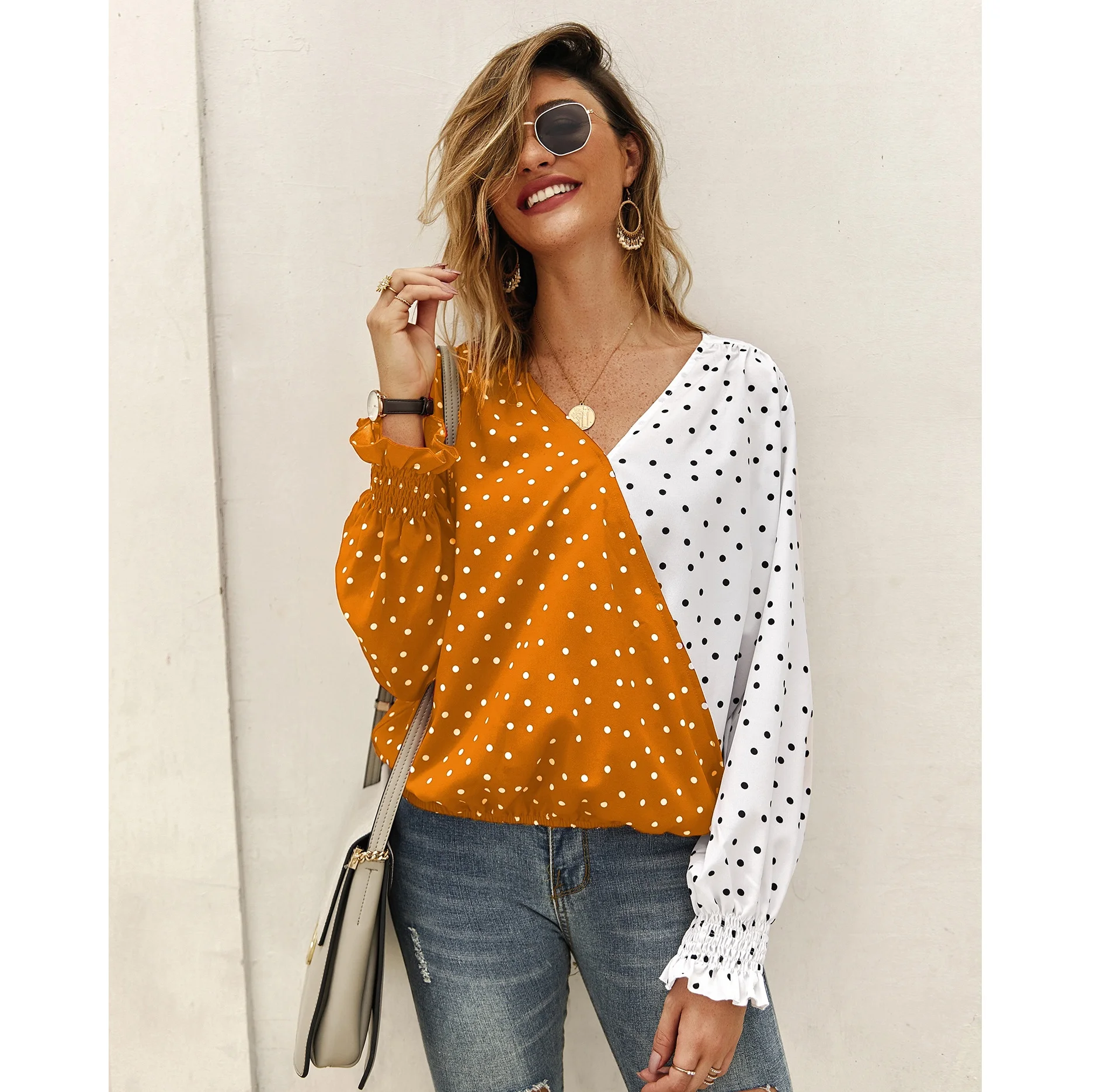 

New Design Women Long Sleeve Sexy Crop Top Ladies Fashion printed Polka Dot Blouse t-shirts