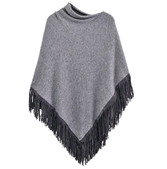 

P18B216TR High quality wool cashmere knitted elegant triangle lady poncho with fur tassels