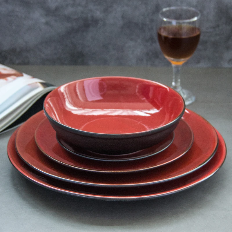 

Chinese Style Ceramic Plate Classic Red Porcelain Dinnerware set Matte Plate, Black red