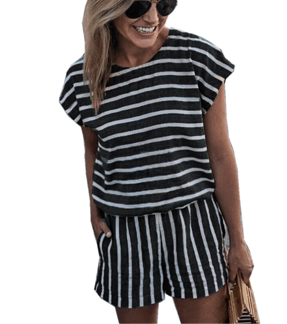 

Women's Summer Short Sleeve Round Collar Sexy Backless Loose Stripe Shorts Jumpsuit ladies Rompers, Black pink;gray;green