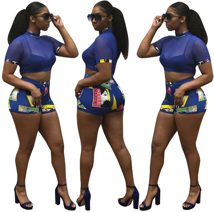 

Blue Slim Women Two Piece Set Turtleneck Short Sleeve Sheer Mesh Crop Top Fashion Style Print Shorts Club Wear Outfit, N/a