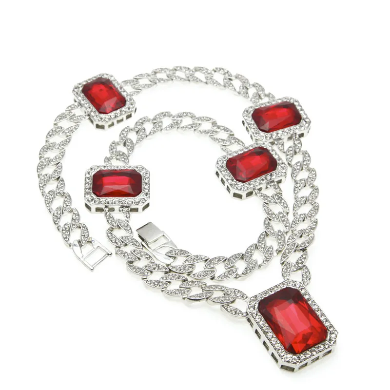 

New Style HipHop Gold Silver Color Plated Iced Out 5 Big Ruby Cuban Link Chain Necklace