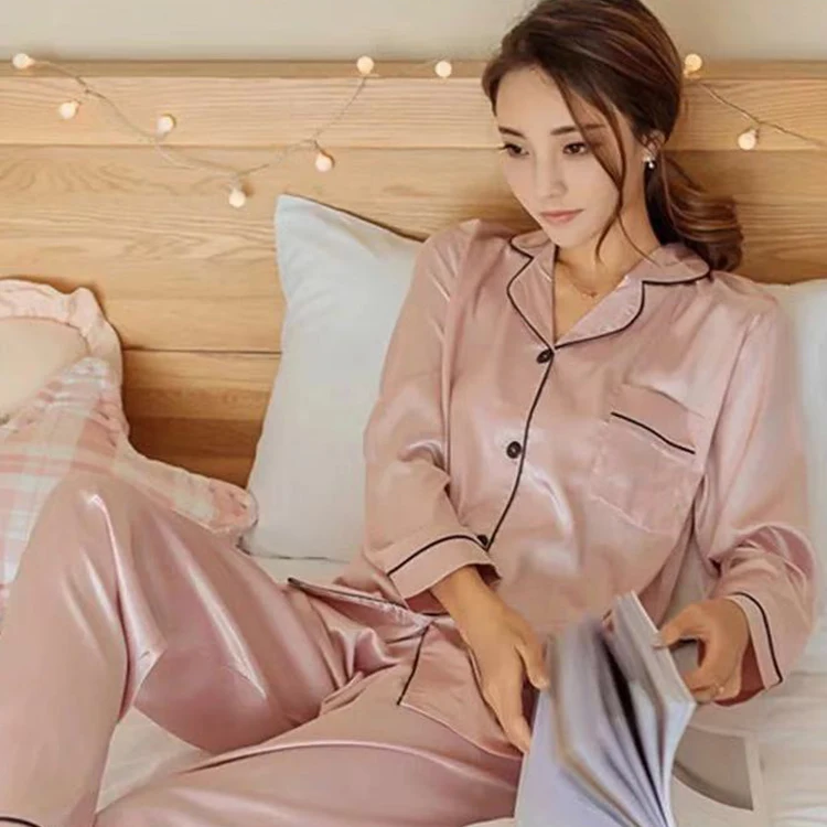 

Winter Silk Satin Pajamas for Womens Long Pyjamas Loungewear Sets Two Piece Sleepwear Women Pijama Set