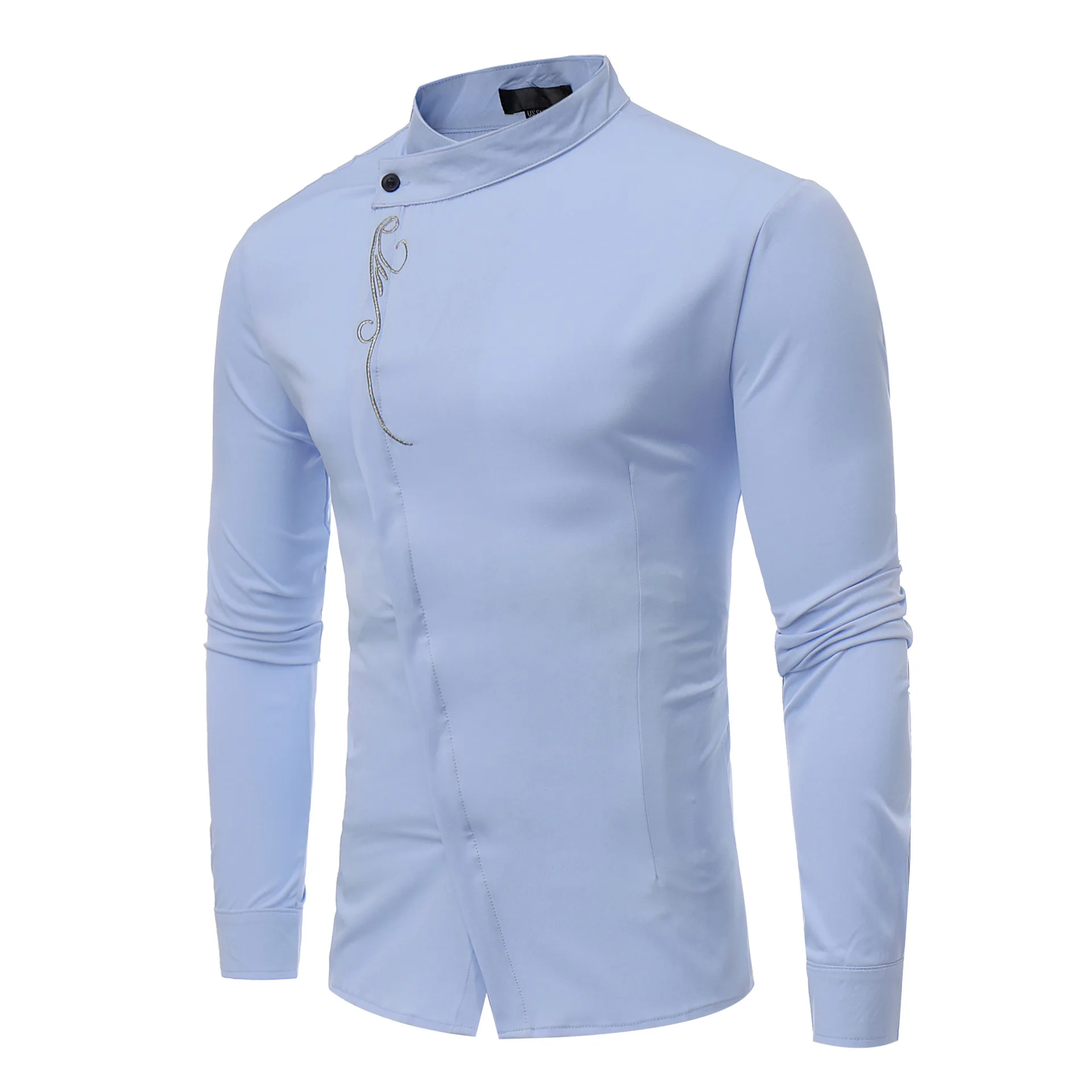 

Fashion casual embroidered single-breasted long-sleeved stand collar men's shirt