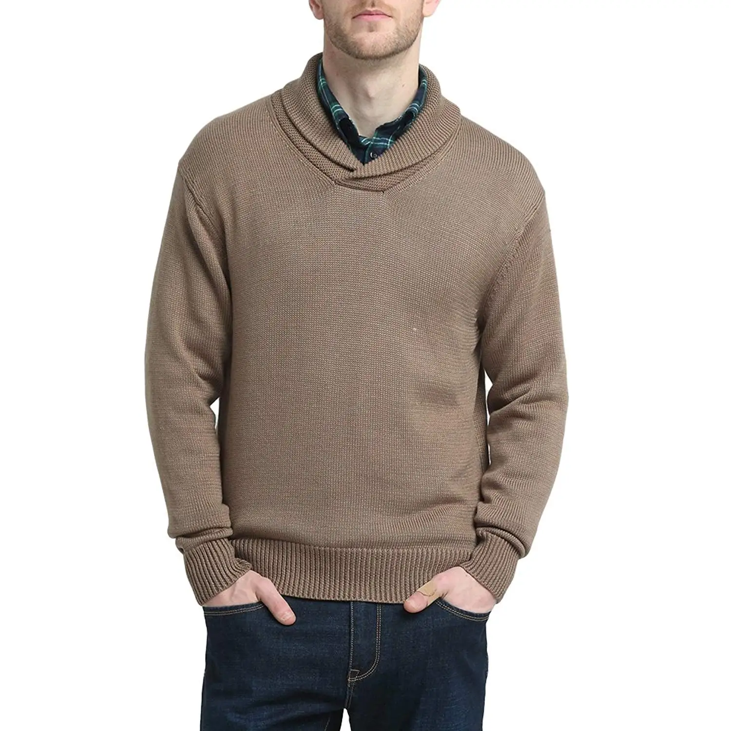 Kallspin Mens Relaxed Fit Shawl Collar V Neck Sweater Merino Wool Blend Thick and Solid