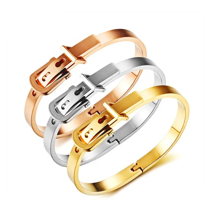 

Stainless Steel Bangle Gold Adjustable Belt Strap Shape Bracelet Bangle