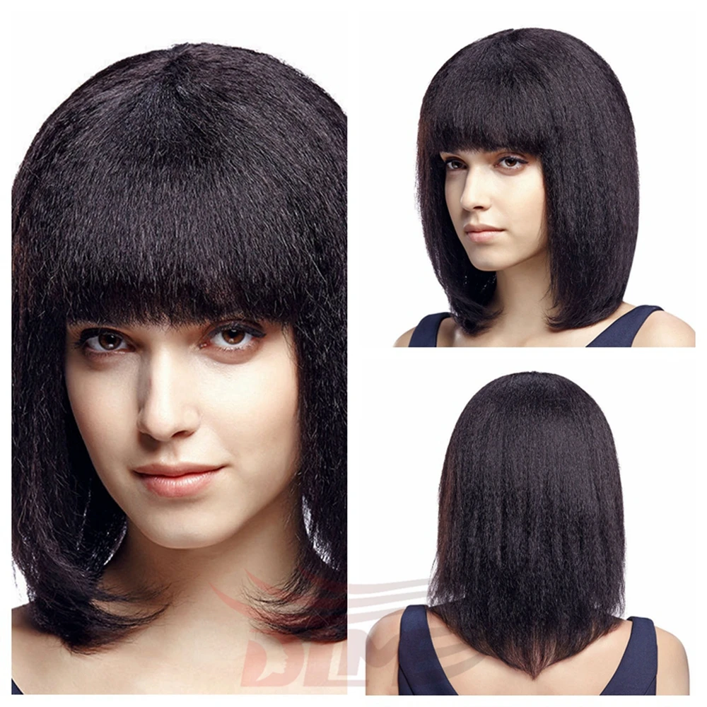 

New Style Remy Indian wig Short bob style human hair glueless front lace wig with bangs yaki straight for fashion girl
