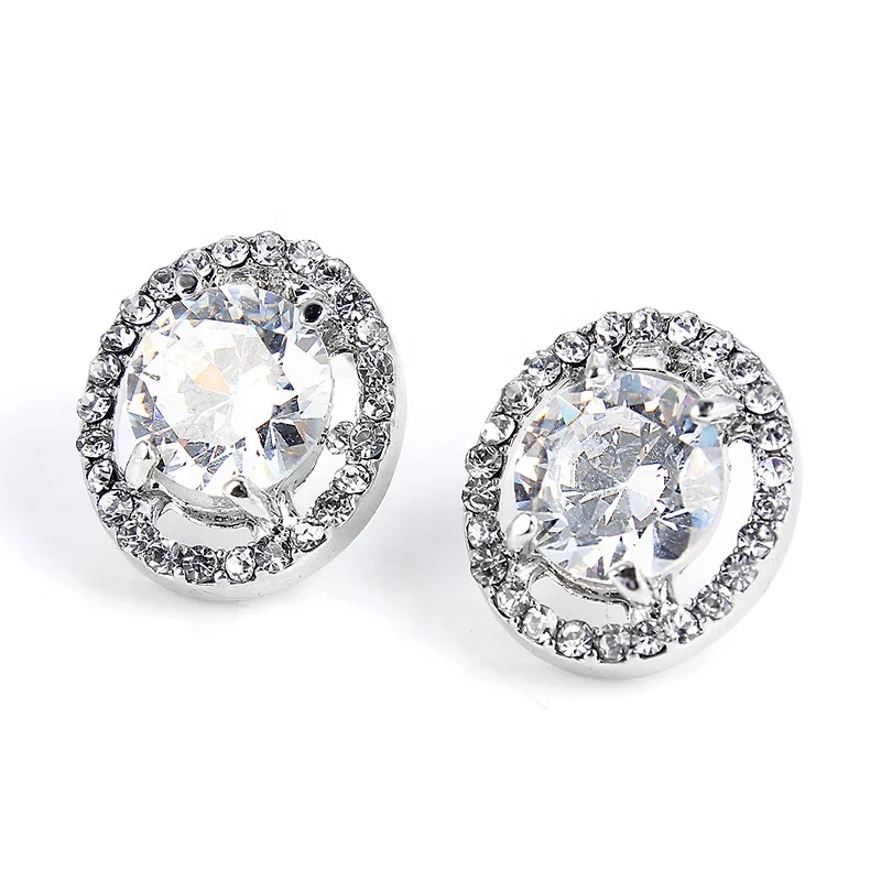 

Trendy Shine Bright Silver Color Round Shape White Rhinestone Stud Earrings For Women Luxurious Lady Earrings Jewelry Gifts