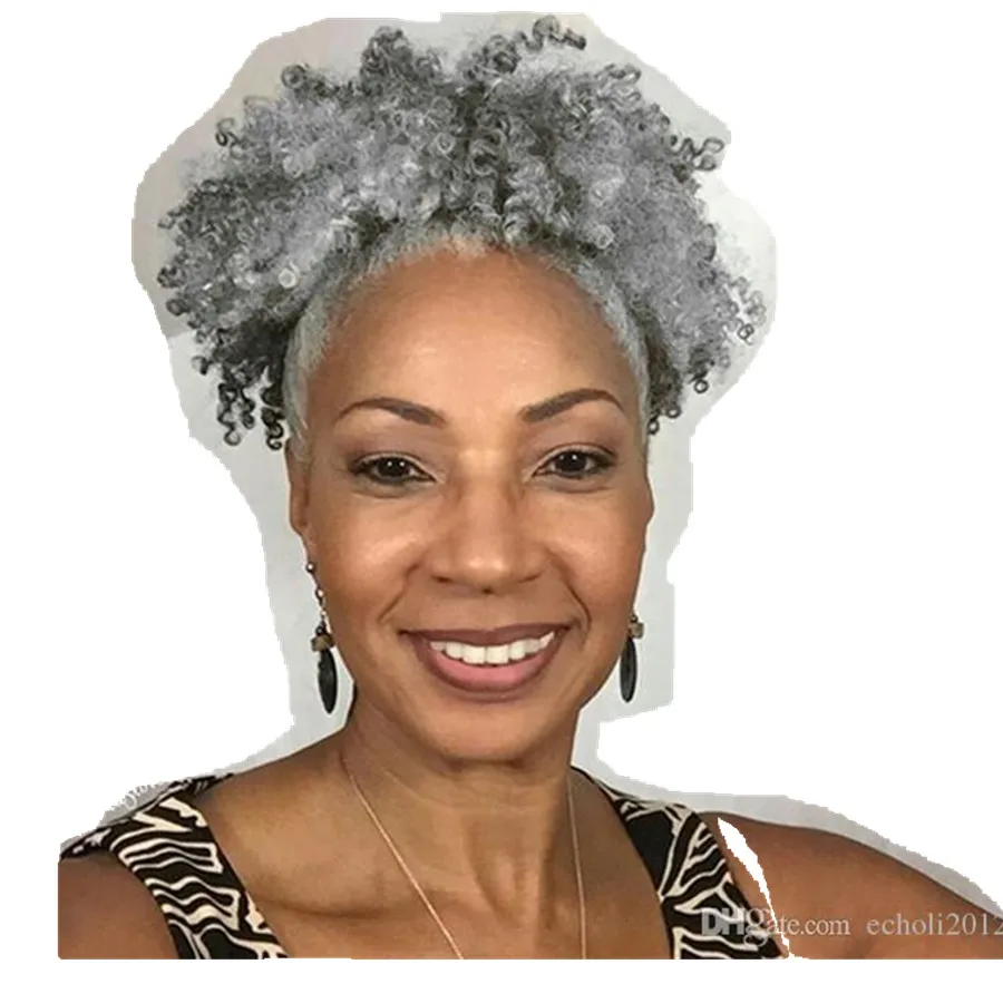 

Grey hair piece short 4c afro kinky curly ponytail silver grey human hair ponytail with drawstring clip in gray hair extension