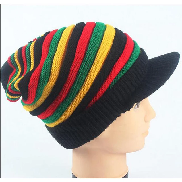 Unisex Men Women Tri-Color Rasta Stripe Crochet Knit Baggy Beanie Cap Hat 