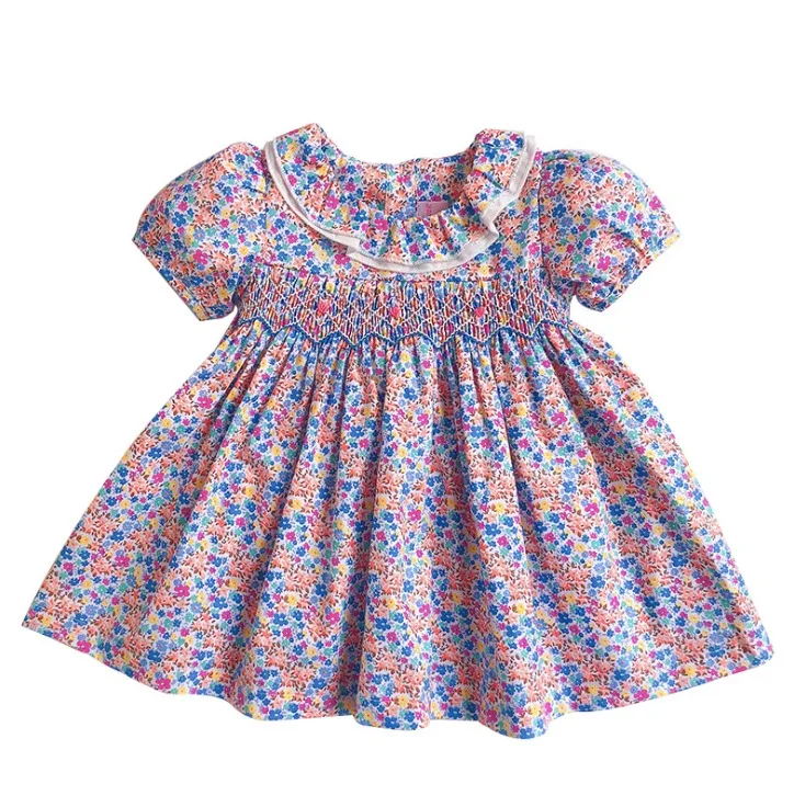 

2019 new wholesale toddler dress boutique short sleeve flower baby smocked dresses in cotton for summer 0-3 years old, Same as the picutre