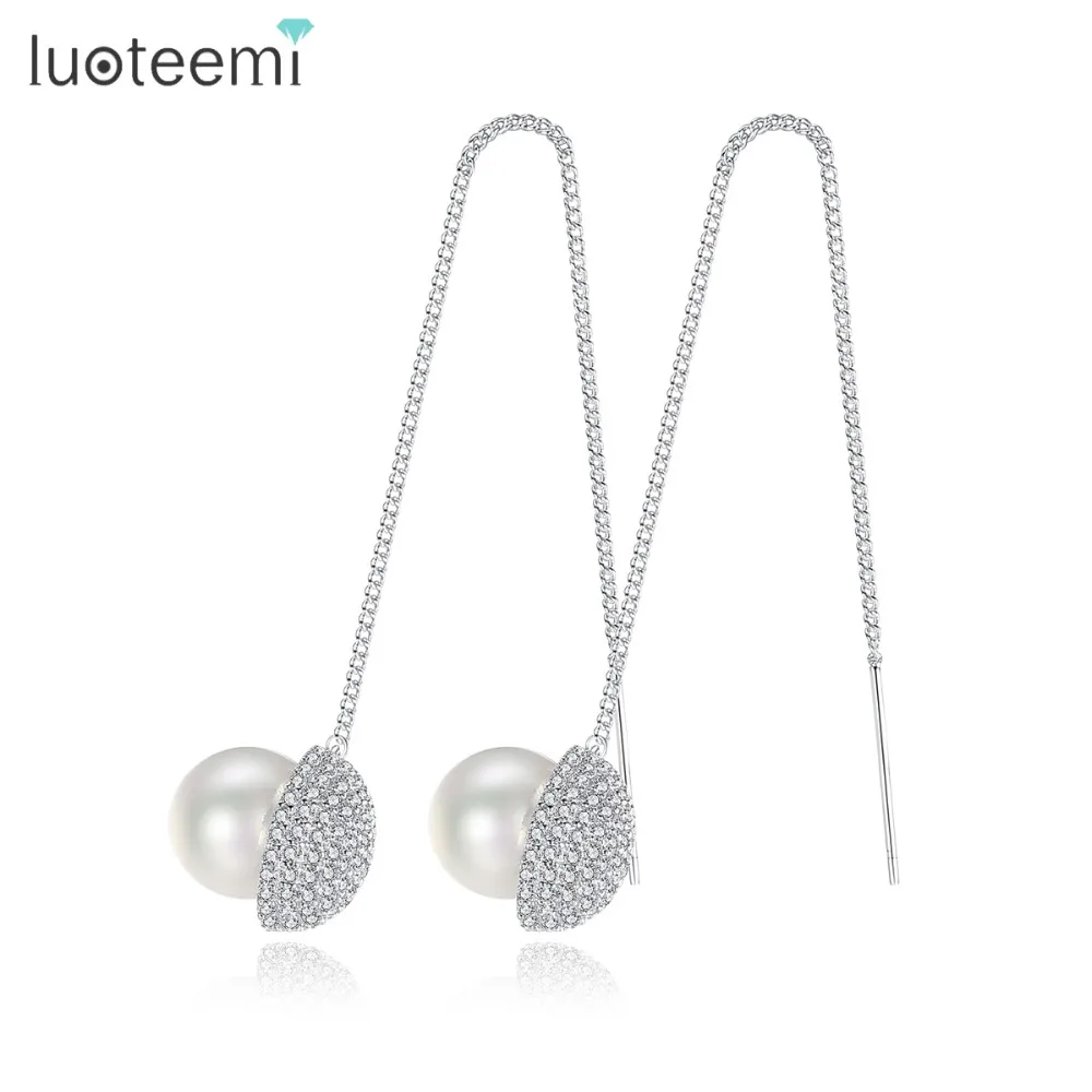 

Luoteemi New Arrival Fashion Design 7.9cm Long Ear Line with CZ Filbert Pendant Drop For Women Dangle Earrings
