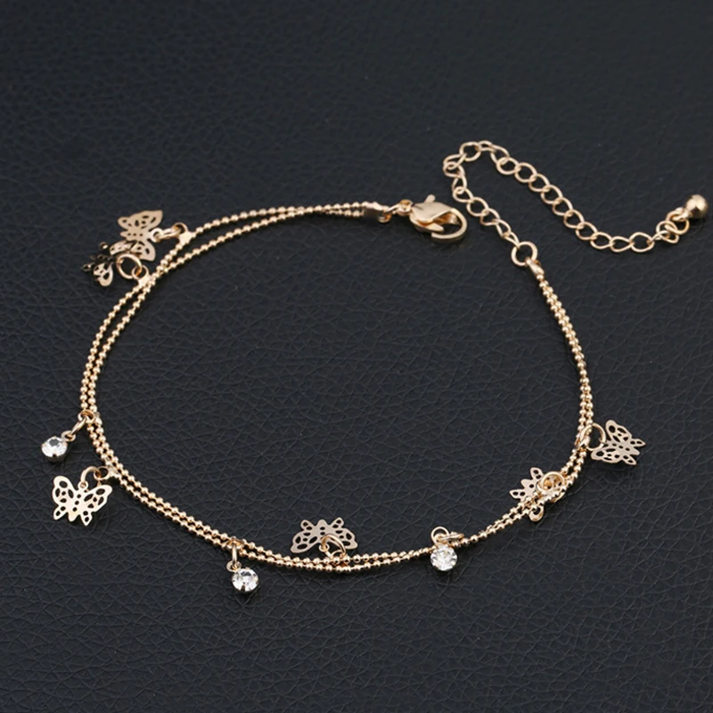 
Europe Trendy High Quality Gifts Butterfly Charms Dancing Foot Bracelets Double Layers Tassel Metal Chain Anklet Gold 